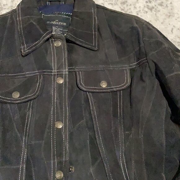 magazine genuine suede patch work croped size L black leather jacket - Picture 2 of 10